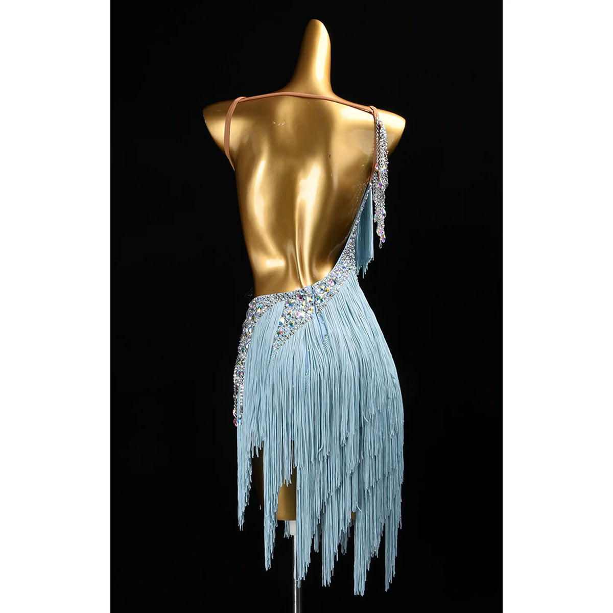 Custom Blue Fringe Competition Latin Dance Dress Salsa Rhythm Dancing Costume