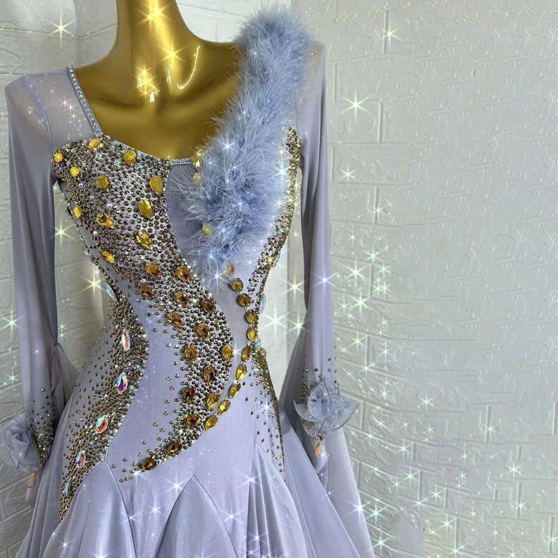 Custom Size Gold Rhinestone Silver Ballroom Dance Dress for Women Feather Standard Waltz Tango Rhythm Competition Gown