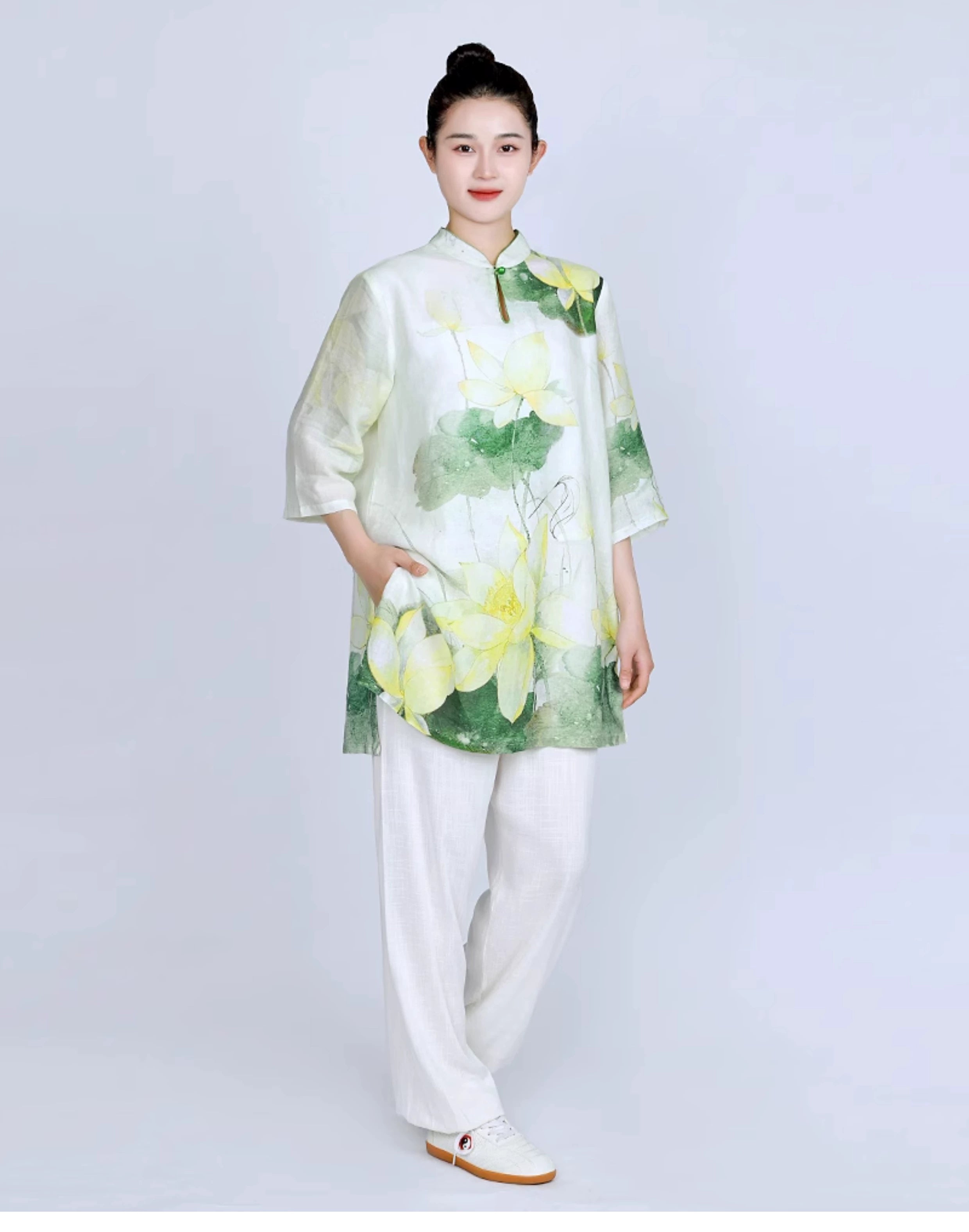 Tai Chi clothing for women green lotus linen breathable wushu martial art chinese kung fu morning exercises performance uniform for female - Moderndancedress.com