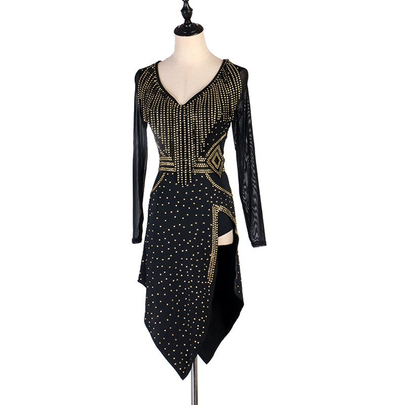 Flash gold Diamond fringe competition latin dance dresses black long sleeves modern dance stage Performance rumba chacha dance dress - Moderndancedress.com