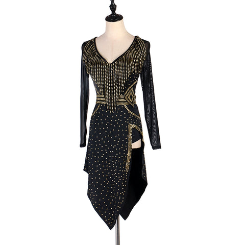 Flash gold Diamond fringe competition latin dance dresses black long sleeves modern dance stage Performance rumba chacha dance dress - Moderndancedress.com