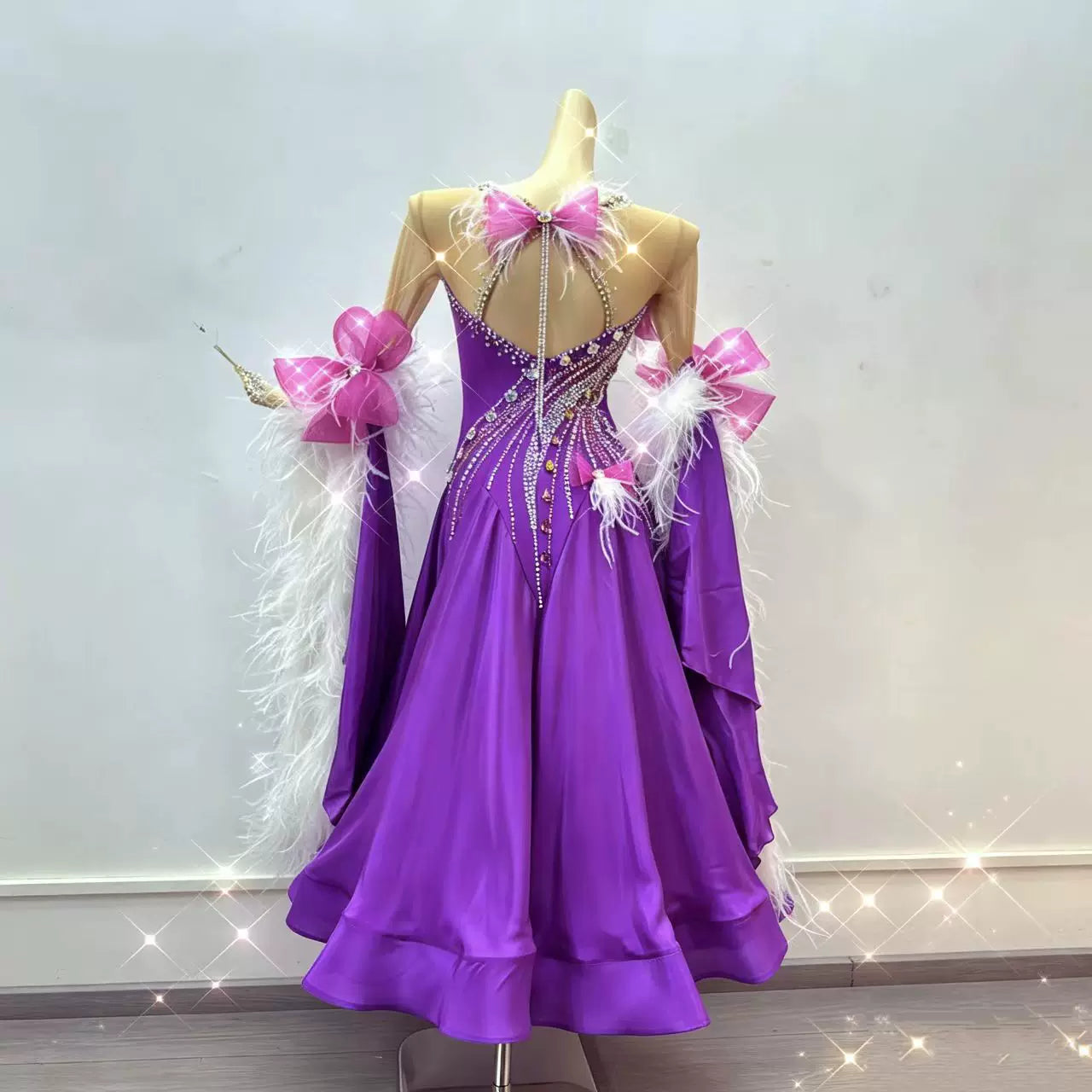 Customized Violet & 3D Pink Bowknot Competition Ballroom Dance Dress