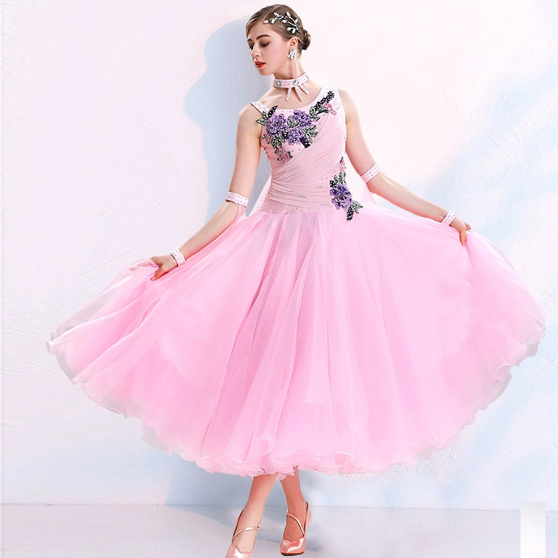 Modern ballroom competition dance dresses for women girls pink blue yellow big swing skirt national tango foxtrot waltz performance clothes - Moderndancedress.com