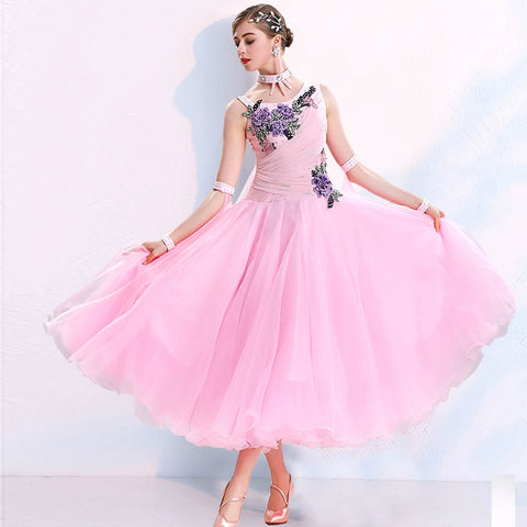 Modern ballroom competition dance dresses for women girls pink blue yellow big swing skirt national tango foxtrot waltz performance clothes - Moderndancedress.com