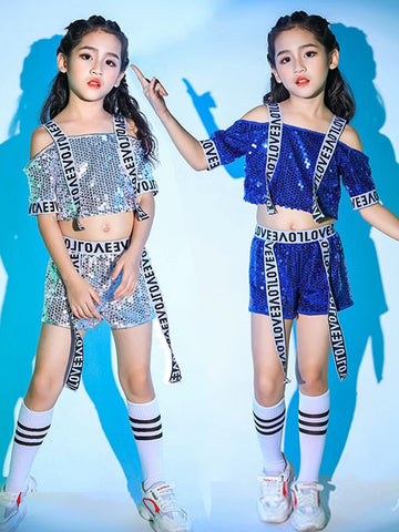 Children's hip hop sreet jazz dance outfits for girls blue silver sequin hiphop dance clothes catwalk model show photos wear for kids - Moderndancedress.com