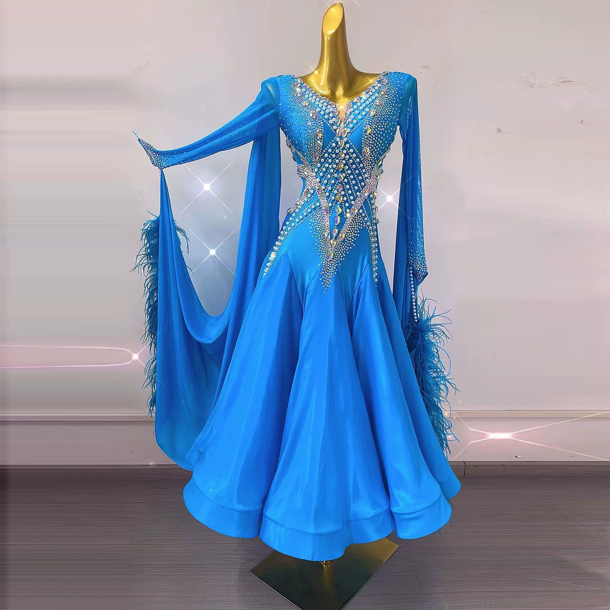 Custom Blue Ballroom Dance Dress Competition Crystal Waltz Gown