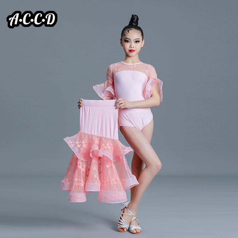 Children' Girls White Pink Green Lace Ballroom Dance Dresses for Kids Waltz Ballroom Tango Dance Competition Performance Clothes - Moderndancedress.com