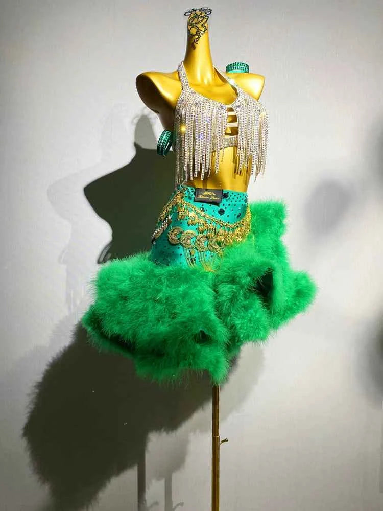 Custom Size Competition Latin Dance Dresses for Women Girls Green Blue Feather Samba Blackpool Dance Wear