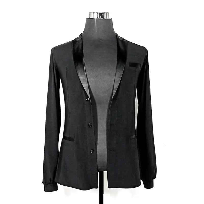 Professional Men's Black Stretchy Latin Dance Shirt with Satin Tuxedo Lapel