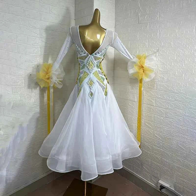 Custom Size White Competition Ballroom Dance Dress for Women Waltz Tango National Smooth Dance Long Gown