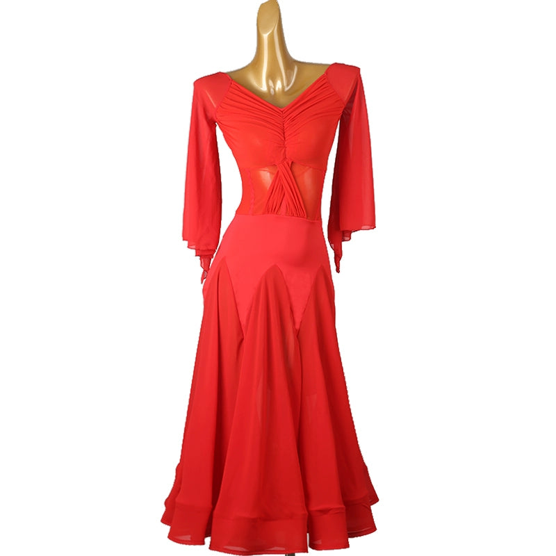 Red Ballroom Dance Dresses for Women Girls Modern Flare Sleeves Waltz Tango Foxtrot Smooth Dance Long Gown Flamenco Dancing Clothes - Moderndancedress.com