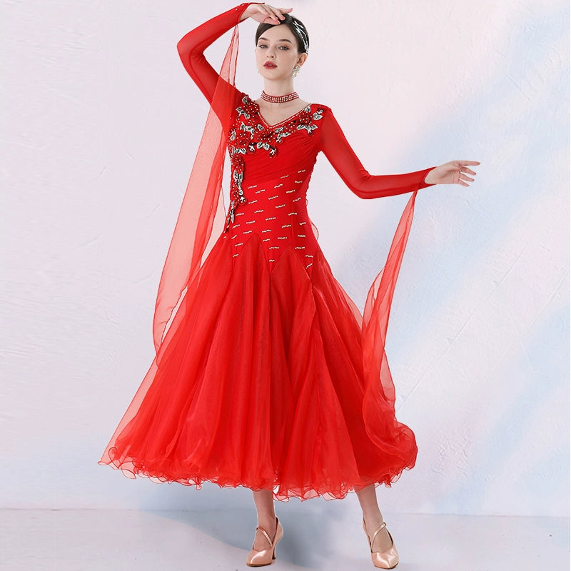 Royal Blue Red Ballroom Dance Dresses for Women Girls Competition National Standard Waltz Tango Dancing Swing Skirts - Moderndancedress.com