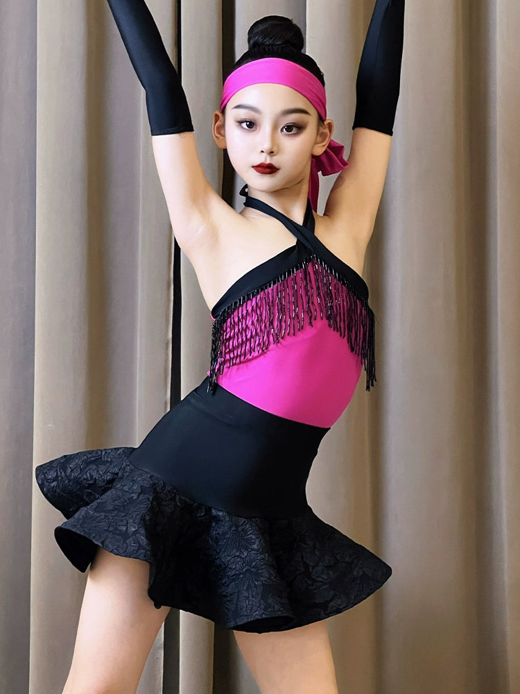 Black with fuchsia fringe Latin dance dresses for kids girls salsa ballroom latin dance practice suit - Moderndancedress.com