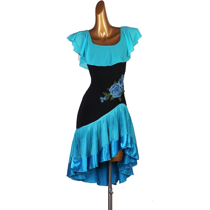 Professional Embroidered Flowers Red Blue Fringe Latin Dance Dress for Women Girls Red Turquoise Ruffles Neck Salsa Rumba Chacha Samba Dance Skirt - Moderndancedress.com
