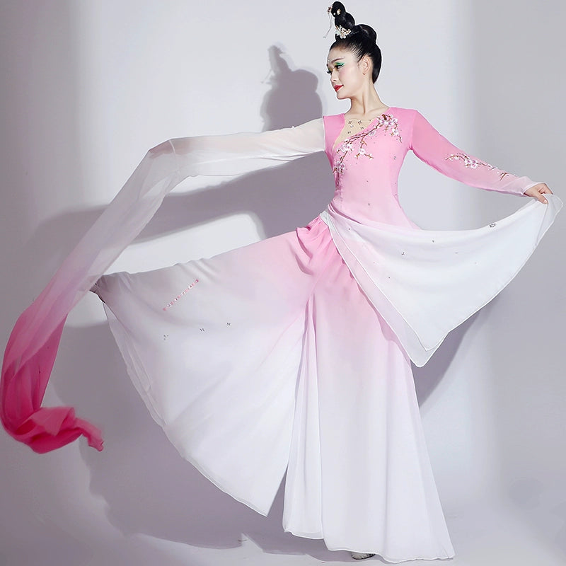 Pink gradient Chinese folk Classical dance costumes for women girls water sleeves jinghong art test dance hanfu fairy dress - Moderndancedress.com