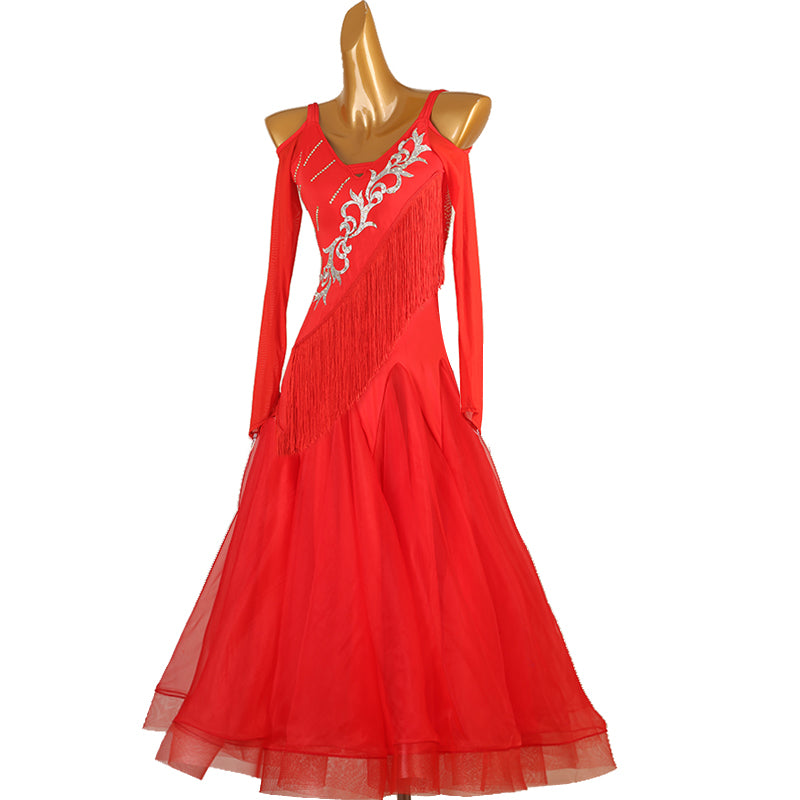Red Silver Pattern Ballroom Dance Dress for Women Waltz Tango Black Fringed Rhythm Performance Long Gown - Moderndancedress.com