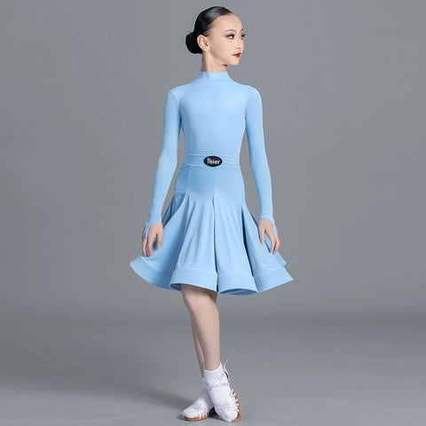 Girls light blue pink green Latin Dance Competition dresses ballroom salsa rumba cha cha Regulations Costume for kids - Moderndancedress.com