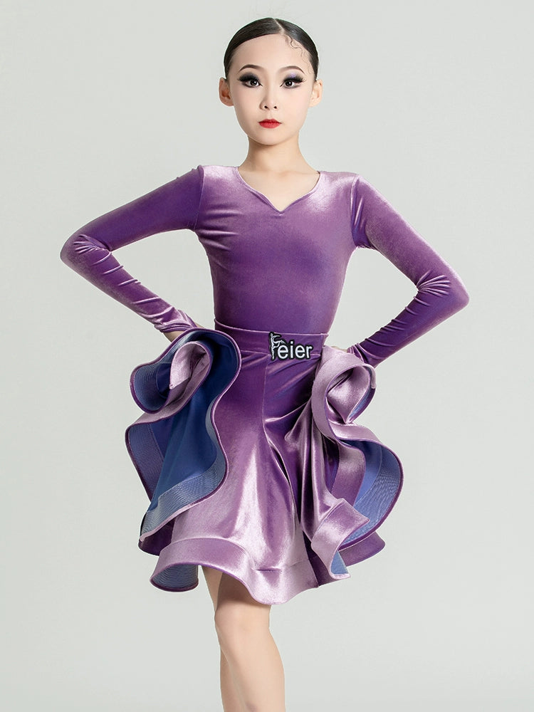 Girls Purple wine velvet ballroom Latin Dance Competition dresses kids International Dance salsa rumba chacha performance skrirts - Moderndancedress.com