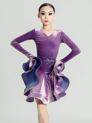 Girls Purple wine velvet ballroom Latin Dance Competition dresses kids International Dance salsa rumba chacha performance skrirts - Moderndancedress.com
