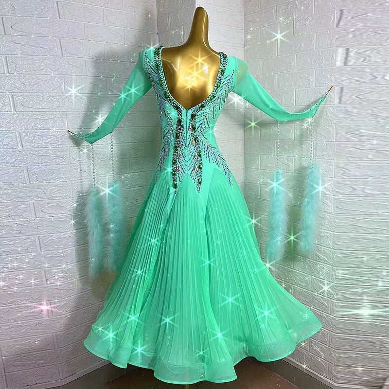 Custom Size Competition Mint Green Crystal Ballroom Dance Dress with Feathers - Waltz Foxtrot Smooth Dancing Gown