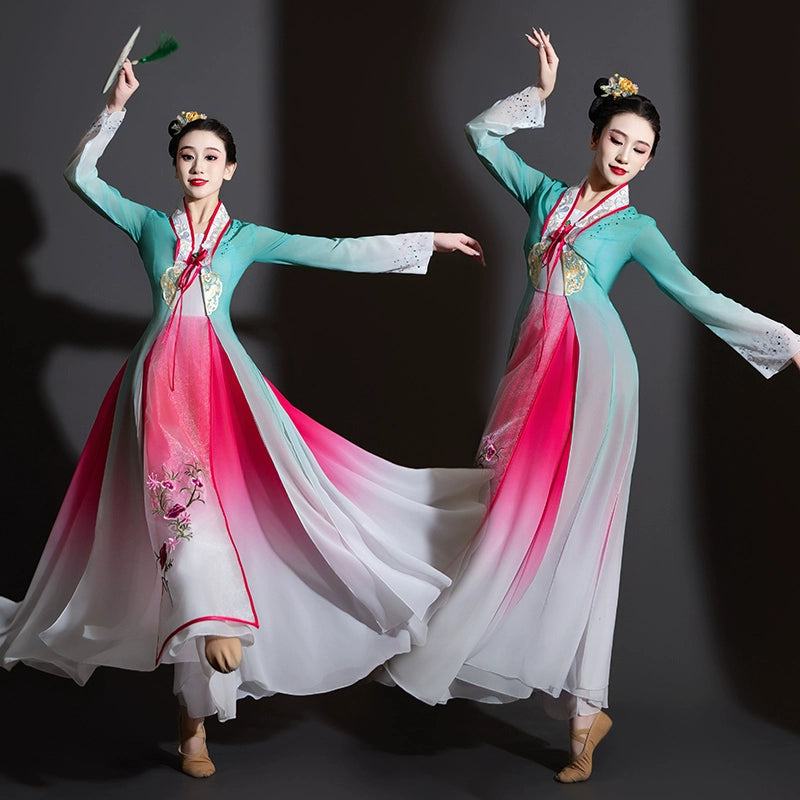 Girls blue pink Taoli Cup chinese folk classical dance costumes fairy hanfu fan dance elegant performance art test dress for women - Moderndancedress.com