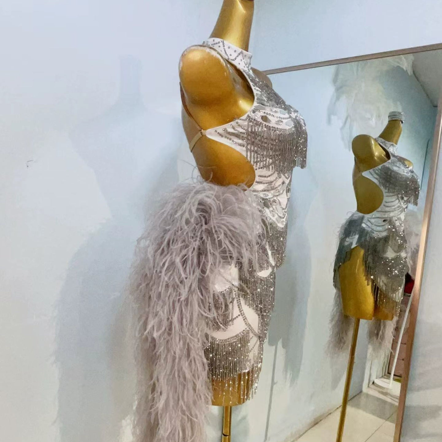 Custom Size Silver Feather Latin Dance Dresses for Women Salsa Rumba Samba Chacha Latin Dance Costume Tuxedo Skirts