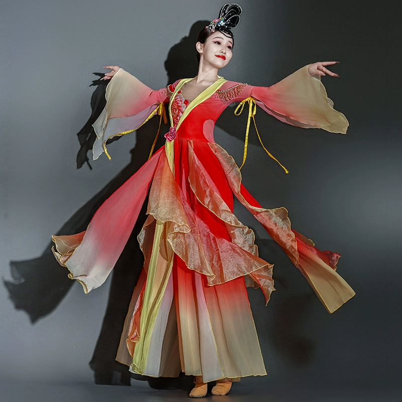 Red Chinese folk Classical dance costumes women ancient fairy empress han tang dance dresses flowing sleeves hanfu - Moderndancedress.com
