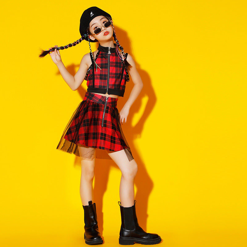 Children Red plaid street hip-hop jazz dance costume  group band gogo dancers rapper singers dance outfits model show catwalk clothes for kids - Moderndancedress.com