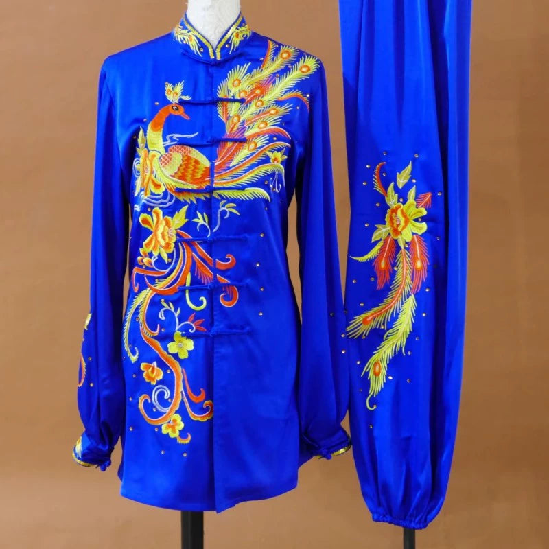 Custom Size Tai Chi Clothing Dark Green Embroidered Phoenix Wushu Martial Arts Kunfu Group Performance Uniforms - Moderndancedress.com