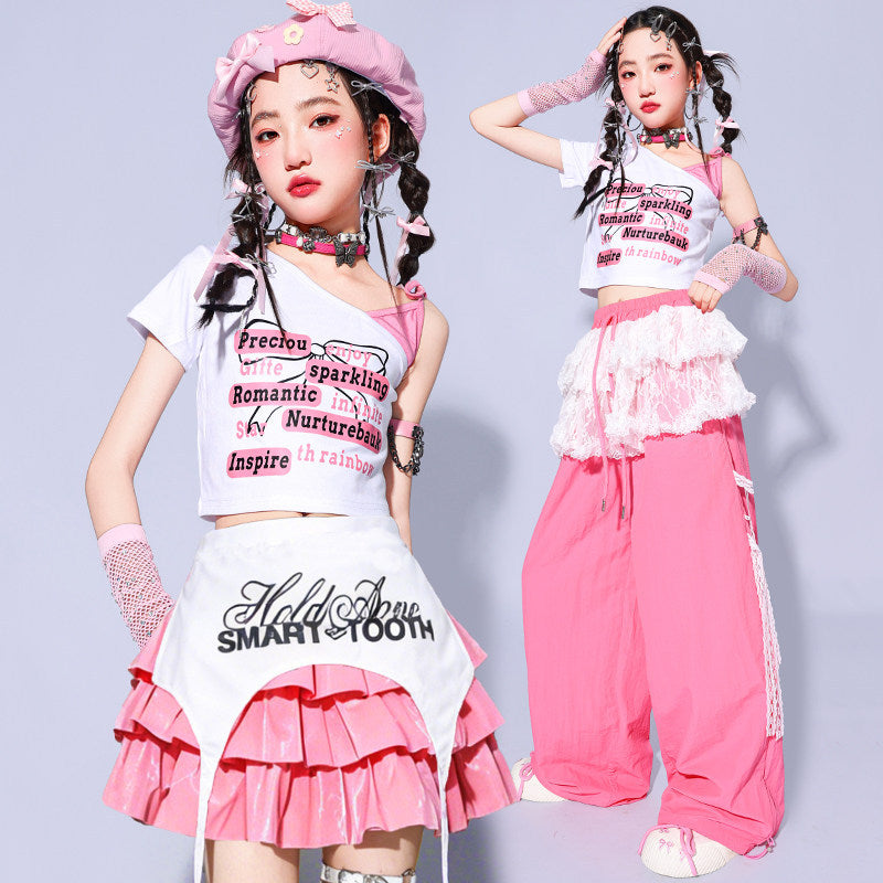 Girls Pink Jazz Dance Costumes K-Pop Dance Outfits - Tiered Mini Skirt Cargo Pants & Crop Top