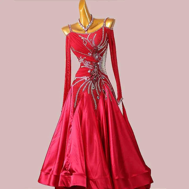 Custom Size Wine Rhinestones Ballroom Dance Dresses Dew Shoulder Long Sleeve