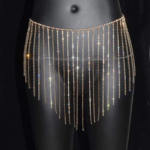 Women girls latin jazz rave dance Rhinestone tassel waist chain hollow bling hot pole dance tassel skirt belly dance body chain belts - Moderndancedress.com