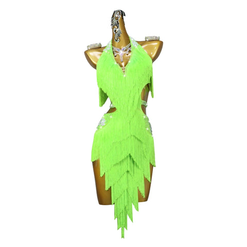 Fluorescent Green Fringe Competition Latin Dance Dresses for Women Girls Irregular Tassels Skirts Salsa Rumba Chacha Samba Solo Flower Dance Costumes Art Test - Moderndancedress.com