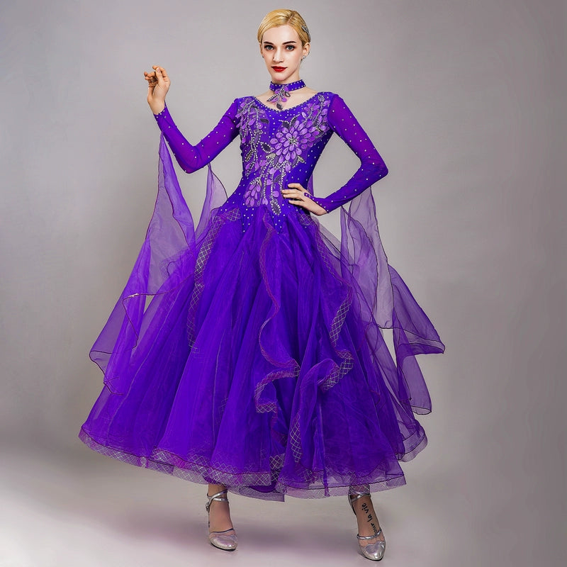 Modern Ballroom dance dresses red blue pink stones waltz tango foxtrot smooth dance swing skirt national standard performance gown for female - Moderndancedress.com