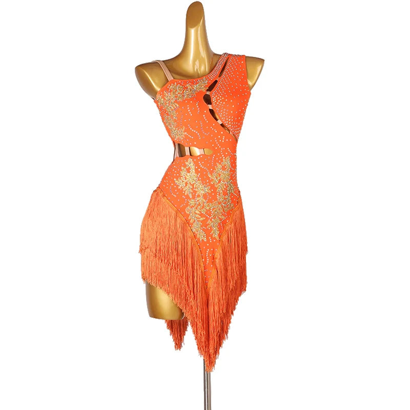 Slant Neck Yellow Blue Red Green Orange Latin Dance Competition Dresses for Women Girl Rumba Salsa Chacha with Stones Performance Clothes - Moderndancedress.com