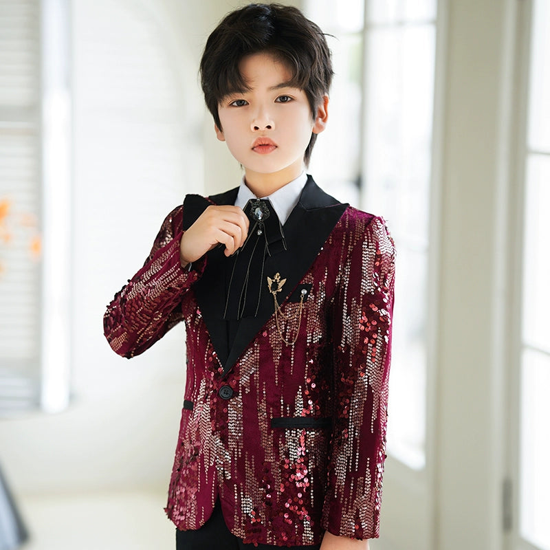 Boys Shiny Navy Red Colorful Sequins Jazz Dance Blazers  Kids Singers Host Choir Perform Jacket Wedding Party Flowers Boys Piano Performance Dress Coats - Moderndancedress.com