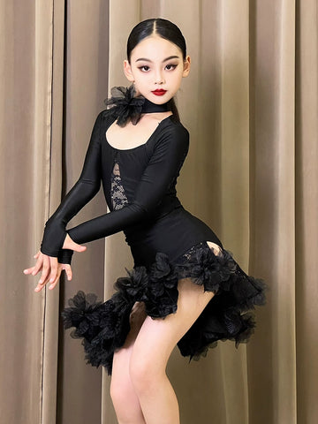 Girls Black lace rose flower Latin dance dresses for kids children girls ballroom salsa rumba chacha performance suit - Moderndancedress.com