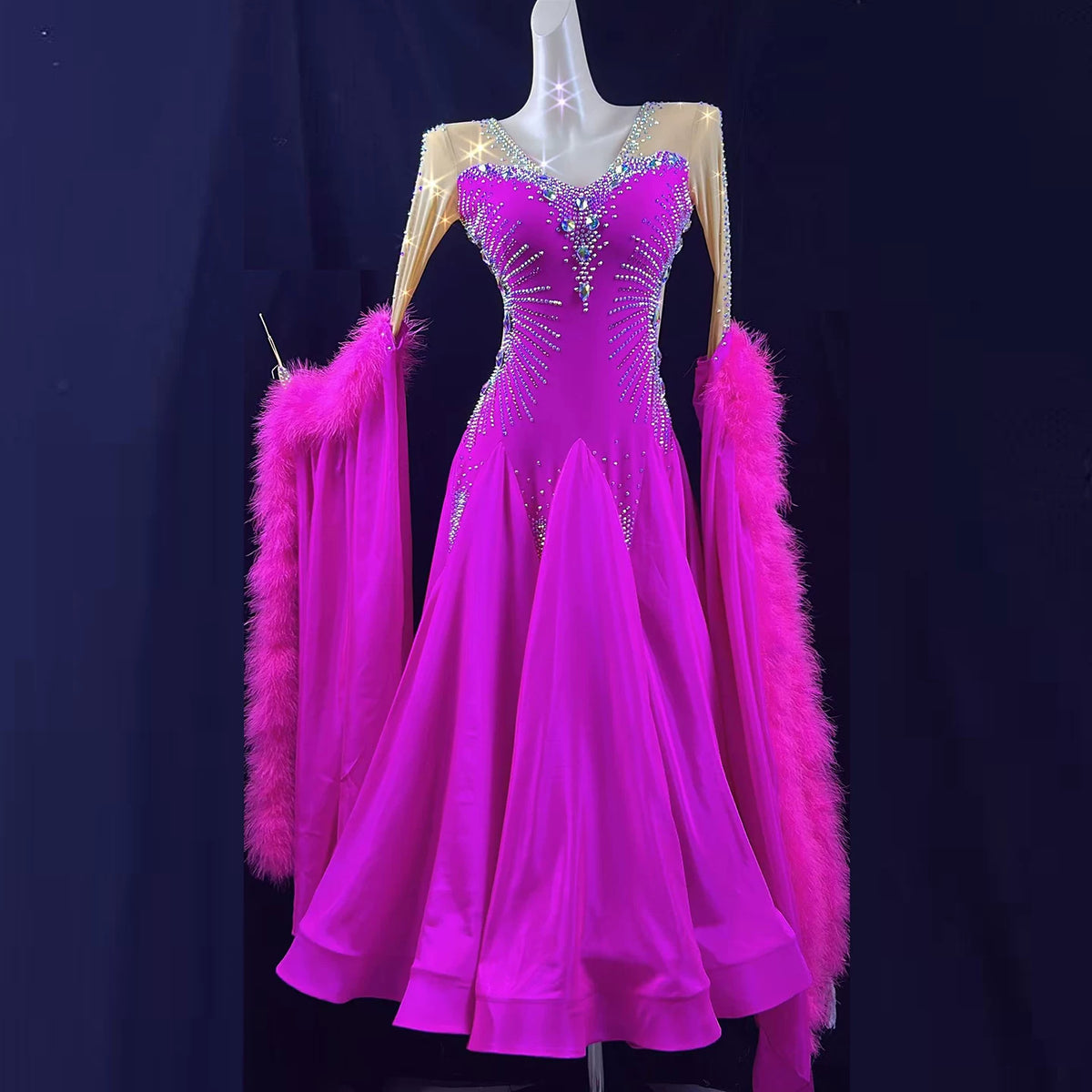 Custom Fuchsia Competition Ballroom Dance Dress Waltz Tango Gown with Feather Float