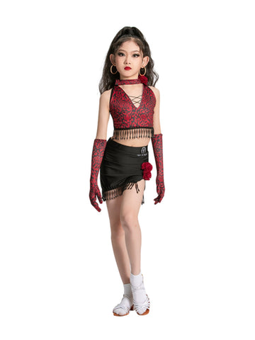 Red Rose flowers Latin dance dresses for girls kids latin salsa ballroom practice clothes fringed sleeveless stage performance top and skirts - Moderndancedress.com