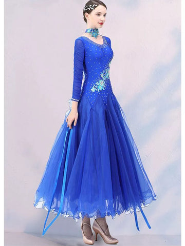 Competition Green blue ballroom dance dresses for women girls bling Modern dance  big swing skirt foxtrot smooth tango rhythm dancing gown - Moderndancedress.com