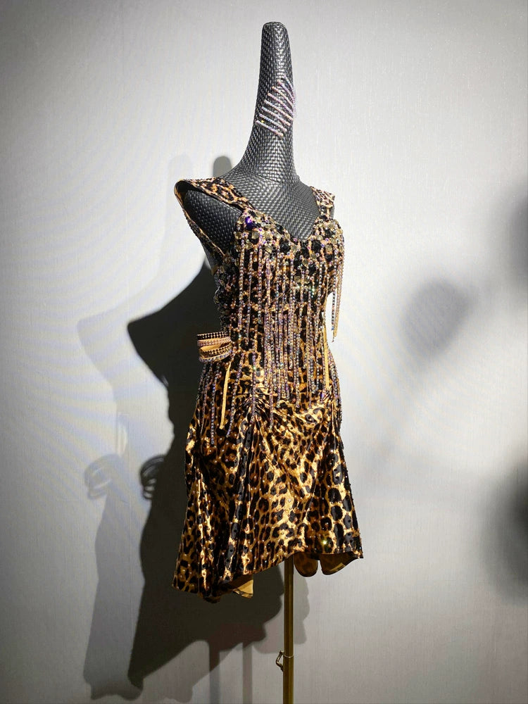 Custom Size Leopard Print Competition Latin Dance Dresses for Women Salsa Rumba Blackpool Competition Costumes