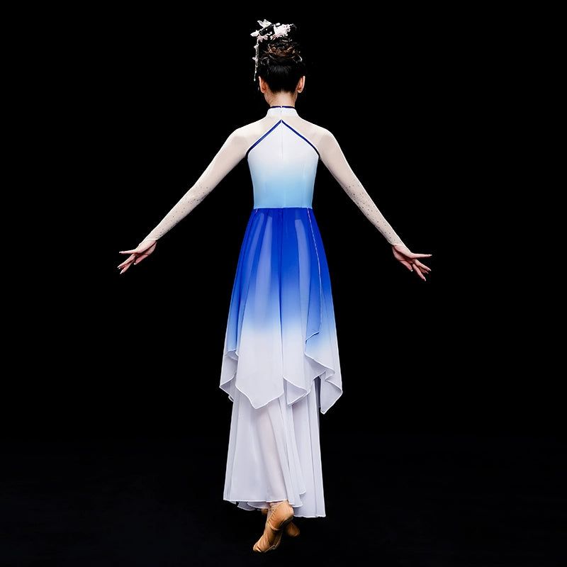 Chinese folk Classical Dance Costume for women girls Elegant  Blue fan umbrella Yangge Dance Costume Solo Dance wear hanfu - Moderndancedress.com