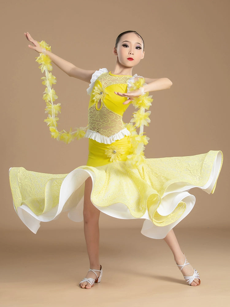 Yellow modern ballroom dance dresses for girls kids lace national standard waltz tango professional competition big skirt - Moderndancedress.com