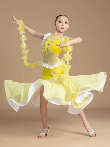 Yellow modern ballroom dance dresses for girls kids lace national standard waltz tango professional competition big skirt - Moderndancedress.com