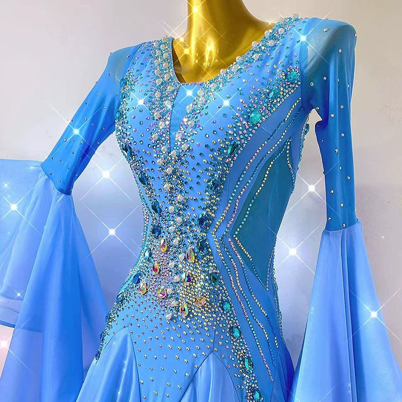 Custom Size Competition Ballroom Dance Dresses for Women Girls Blue Waltz Tango Rhythm Dance Long Swing Skirts - Moderndancedress.com