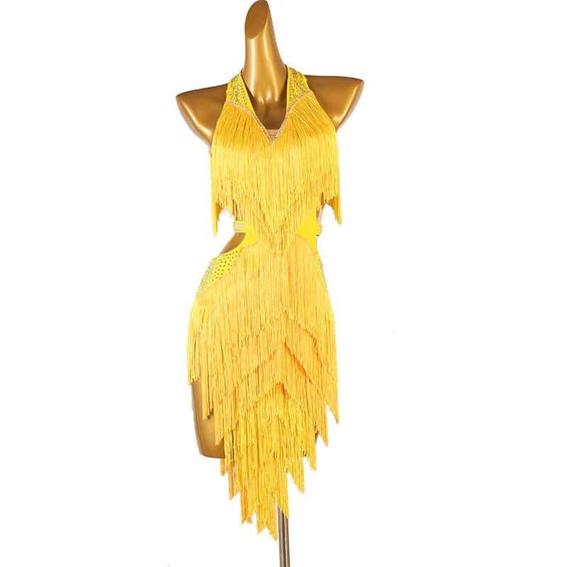 Latin Dance Competition Dresses for Women Girls Navy Yellow Blue Red Purple Dark Green Diamond Haler Neck Latin Salsa Rumba Chacha Dance Costumes - Moderndancedress.com