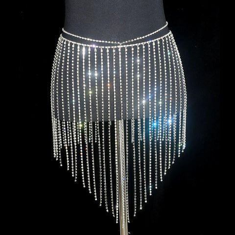 Women girls latin jazz rave dance Rhinestone tassel waist chain hollow bling hot pole dance tassel skirt belly dance body chain belts - Moderndancedress.com