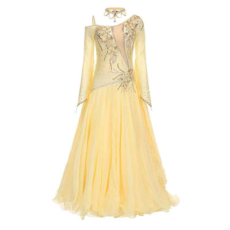 Light Yellow Ballroom Dance Dresses for Women Girls Waltz Tango Foxtrot National Dancing Gown