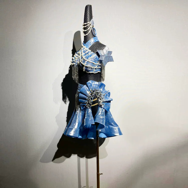 Custom Metallic Blue Latin Performance Dress - Ruffle Skirt & Beaded Fringe Ballroom Wear