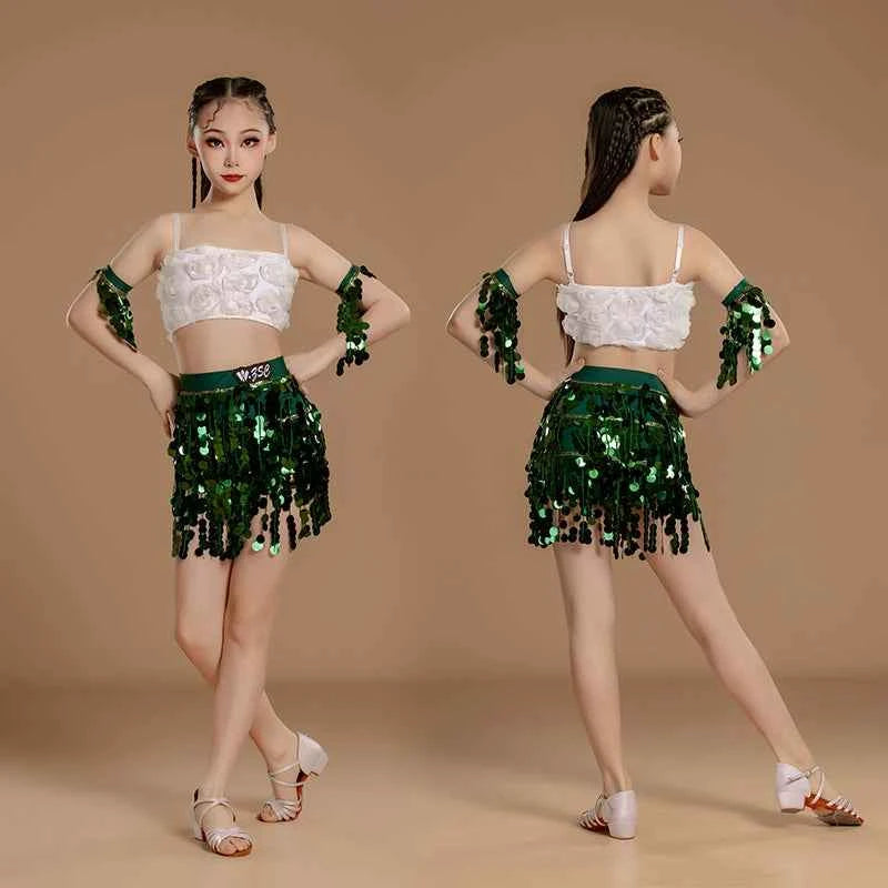 Girls Latin Dance Dresses Green Red Sequins Salsa Rumba Chacha Rose Jazz Dress for Kids Art Examination Outfits